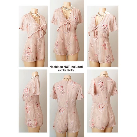 NEW Beige Polka Dots Short Sleeve Tie Front Romper - Picture 8 of 10